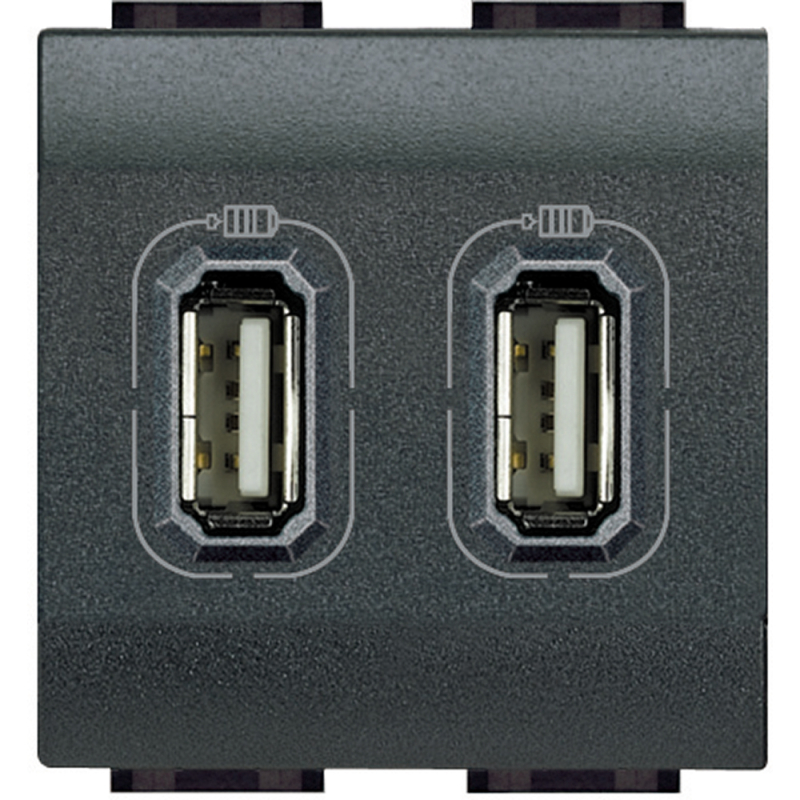 Зарядное устройство USB Bticino на 2 модуля, USB-A x 2, 3A (Антрацит)